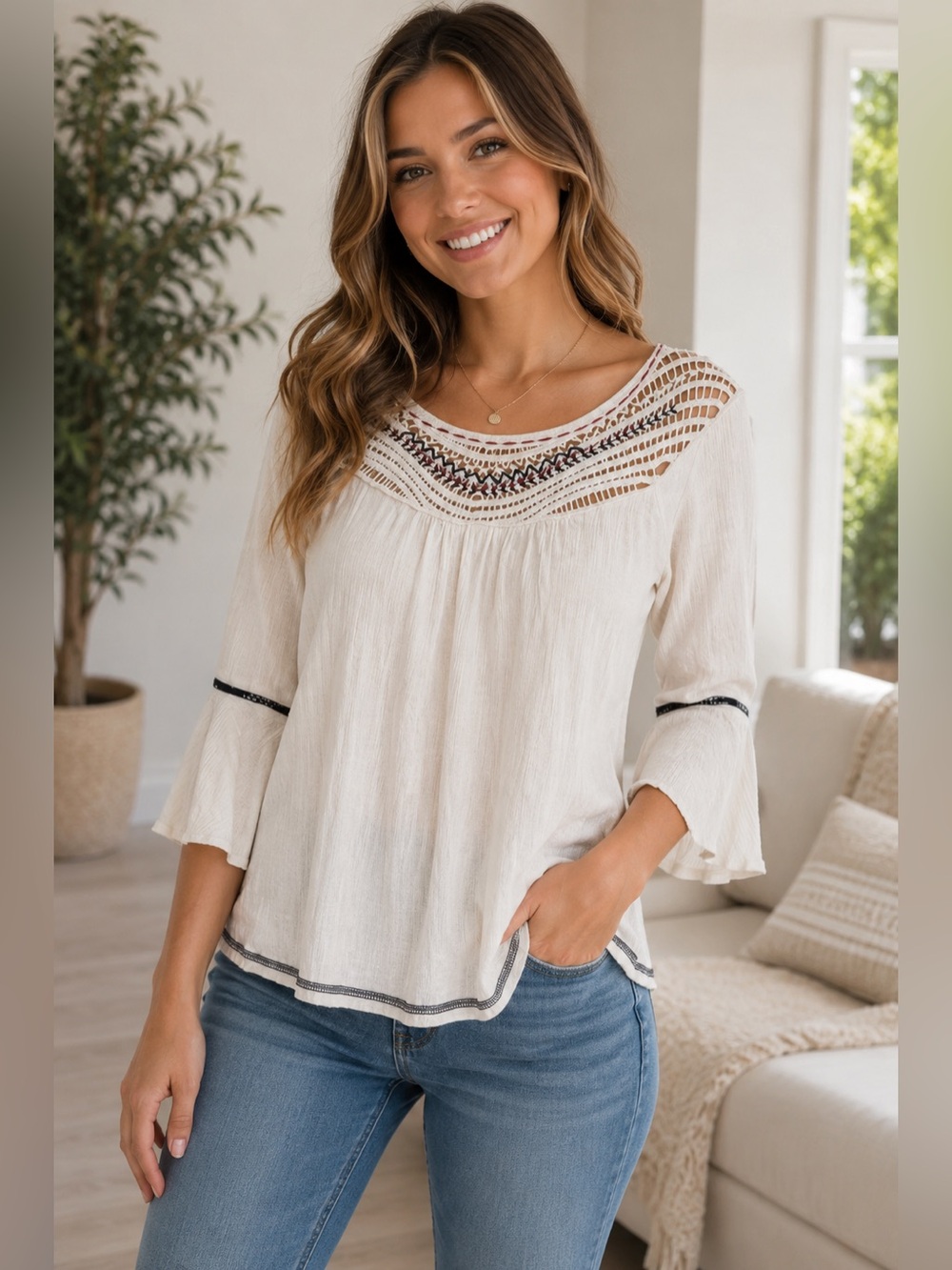 inTu Cream Crochet-Yoke Peasant Blouse - Size Large